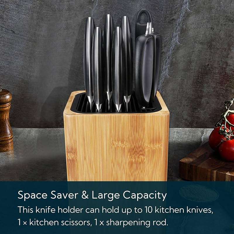 Deluxe Universal Knife Block with Slots for Scissors and Sharpening Rod - Bamboo Knife Holder For Safe, Space Saver Knives Storage - Unique Slot Design to Protect Blades - by KITCHENDAO - Image 4