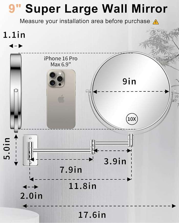 Gospire 9 Inch Extra Large Wall Mounted Mirror with 1X/10X Magnification, 360° Swivel & Extendable, Chrome Polished Finish for Bathroom Vanity, Shaving & Makeup (Men & Women) - Image 2