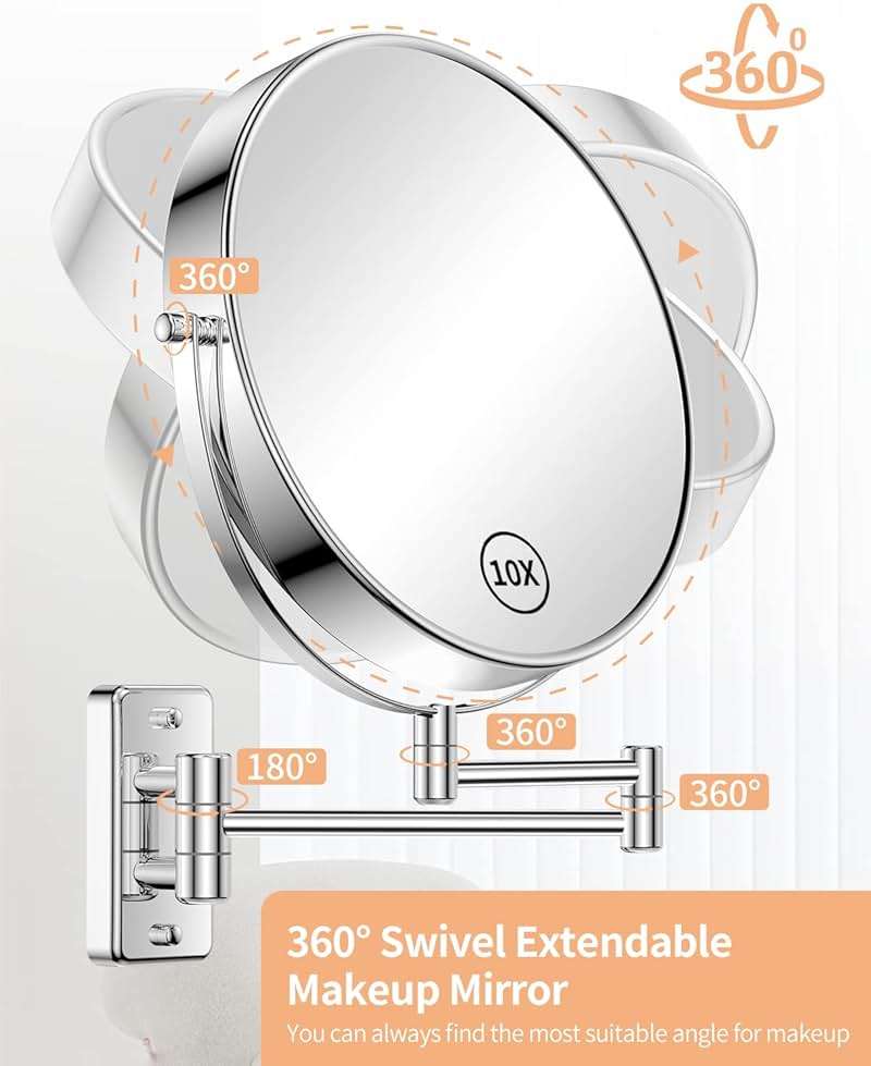 Gospire 9 Inch Extra Large Wall Mounted Mirror with 1X/10X Magnification, 360° Swivel & Extendable, Chrome Polished Finish for Bathroom Vanity, Shaving & Makeup (Men & Women) - Image 4