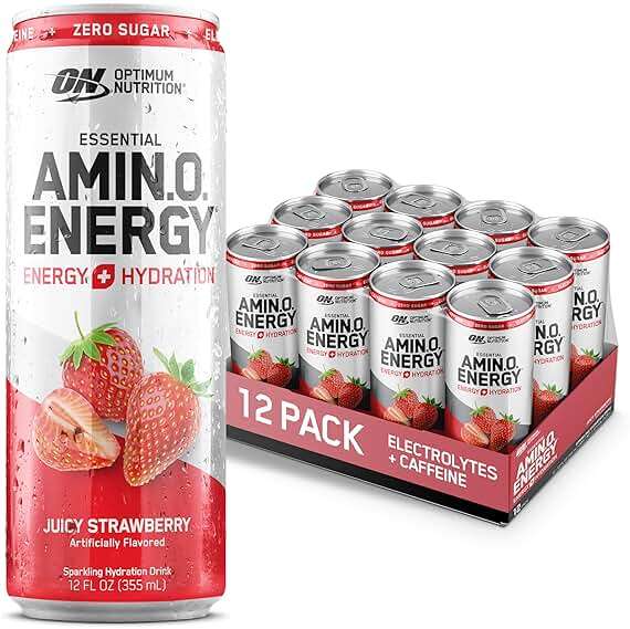 Optimum Nutrition Amino Energy Sparkling Hydration Drink, Electrolytes, Caffeine, Amino Acids, BCAAs, Sugar Free, Juicy Strawberry, 12 Fl Oz, 12 Pack (Packaging May Vary) - Image 1