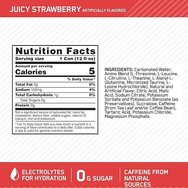 Optimum Nutrition Amino Energy Sparkling Hydration Drink, Electrolytes, Caffeine, Amino Acids, BCAAs, Sugar Free, Juicy Strawberry, 12 Fl Oz, 12 Pack (Packaging May Vary) - Image 3