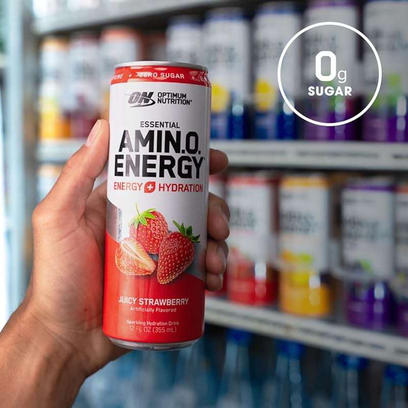 Optimum Nutrition Amino Energy Sparkling Hydration Drink, Electrolytes, Caffeine, Amino Acids, BCAAs, Sugar Free, Juicy Strawberry, 12 Fl Oz, 12 Pack (Packaging May Vary) - Image 7