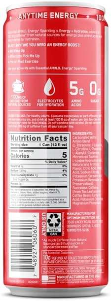 Optimum Nutrition Amino Energy Sparkling Hydration Drink, Electrolytes, Caffeine, Amino Acids, BCAAs, Sugar Free, Juicy Strawberry, 12 Fl Oz, 12 Pack (Packaging May Vary) - Image 10