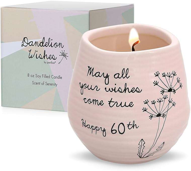 Pavilion - 8 Oz Candle Holder - Pink Ceramic Candle Jar with 100% Soy Wax Candle Serenity Scent "May all your wishes come true Happy 60th" Ideal Gift for Loved Ones - Printed Text, Love Theme & Oval - Image 1