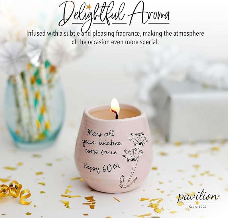 Pavilion - 8 Oz Candle Holder - Pink Ceramic Candle Jar with 100% Soy Wax Candle Serenity Scent "May all your wishes come true Happy 60th" Ideal Gift for Loved Ones - Printed Text, Love Theme & Oval - Image 3