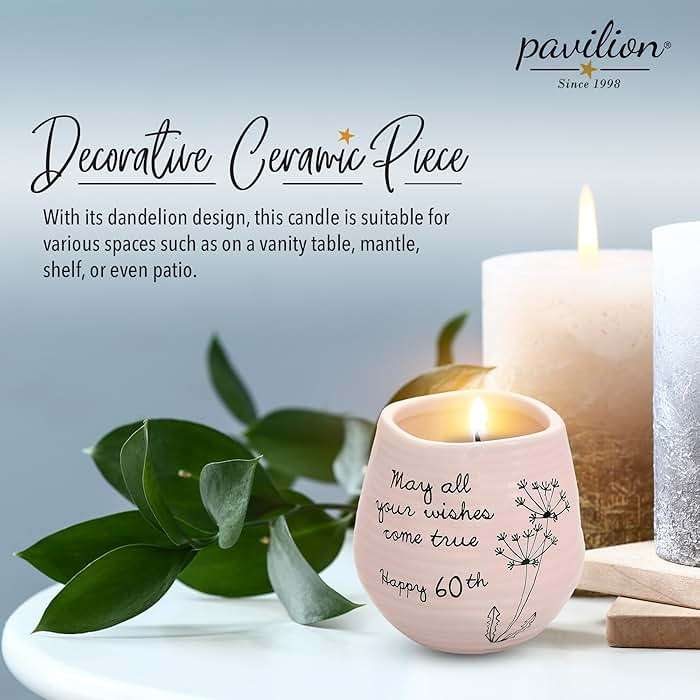 Pavilion - 8 Oz Candle Holder - Pink Ceramic Candle Jar with 100% Soy Wax Candle Serenity Scent "May all your wishes come true Happy 60th" Ideal Gift for Loved Ones - Printed Text, Love Theme & Oval - Image 6