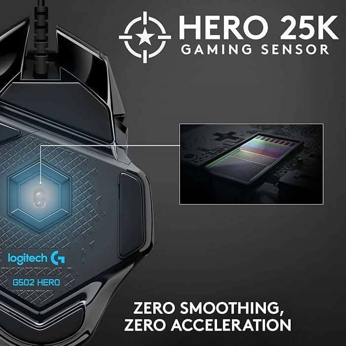 Logitech G502 Hero High Performance Wired Gaming Mouse, Hero 25K Sensor, 25,600 DPI, RGB, Adjustable Weights, 11 Programmable Buttons, On-Board Memory, PC/Mac - Black - Image 2
