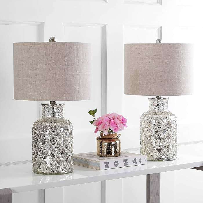 JONATHAN Y 24.5" Alvord Mercury Silver Quatrefoil Glass Table Lamp Set of 2, Contemporary Nightstand Lamps with Grey Linen Drum Shade, UL Listed, LED Bulbs Included JYL1075A-SET2 - Image 2