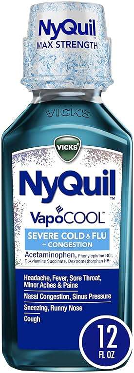 Vicks NyQuil VapoCOOL SEVERE Cold, Flu + Congestion Liquid Medicine, Max Stregth 9-Symptom Nighttime Relief, 12 FL OZ - Image 1