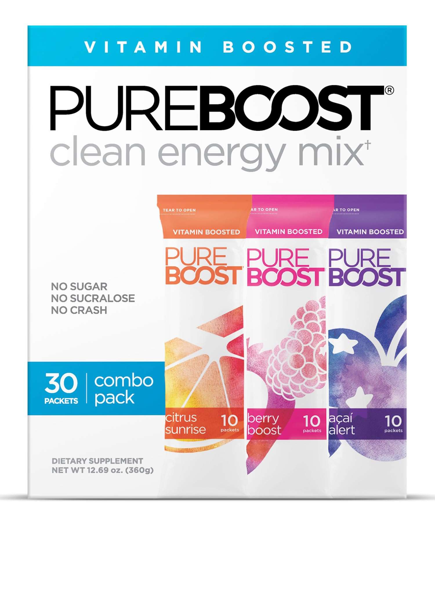 Pureboost Sugar-Free Clean Energy Booster, Combo Pack 30 Count, Refreshing Energy Drink Mix with B12 Vitamins, Electrolytes, Antioxidants, No Sucralose - Image 1