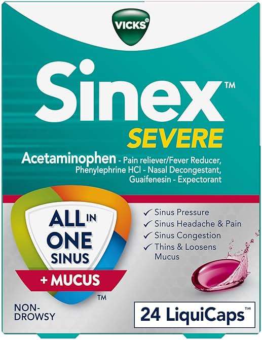 Vicks Sinex SEVERE, All-In-One Sinus + Mucus Relief, Non-Drowsy, Loosens Mucus, Maximum Strength Relief of Pain, Pressure, Congestion, & Headache Relief, 24 LiquiCaps - Image 1