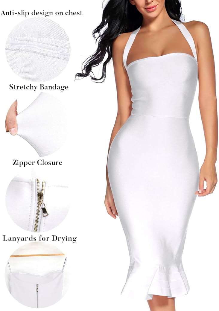 houstil Women's V Neck Halter Fishtail Bandage Bodycon Dress Party - Image 3