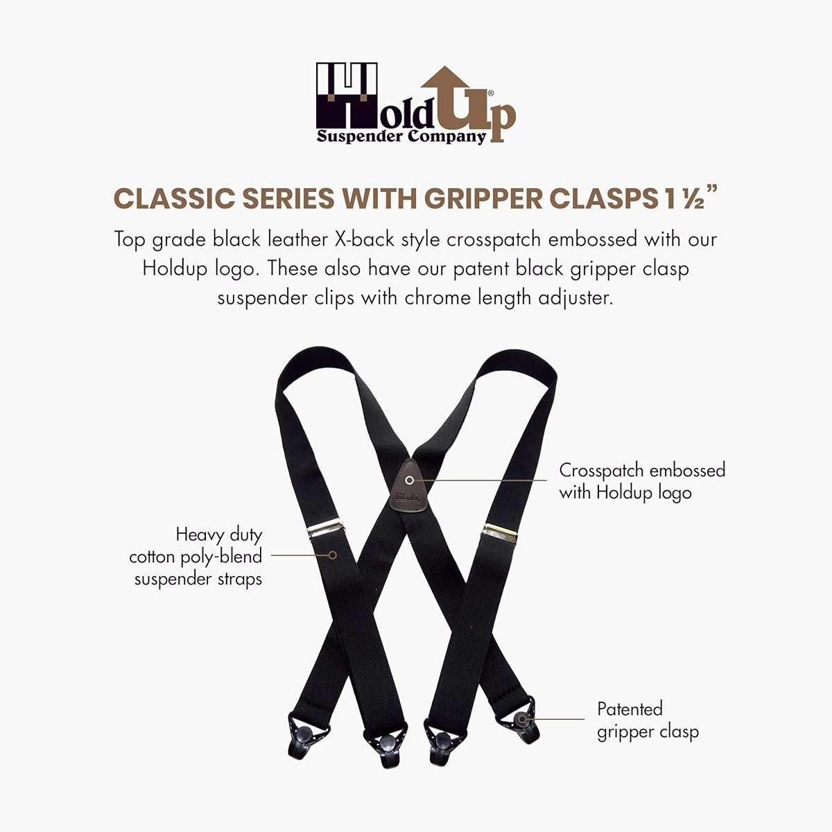 Holdup 1 1/2" wide Classic Series Suspenders for Men with Patented Gripper Clasp - Image 2