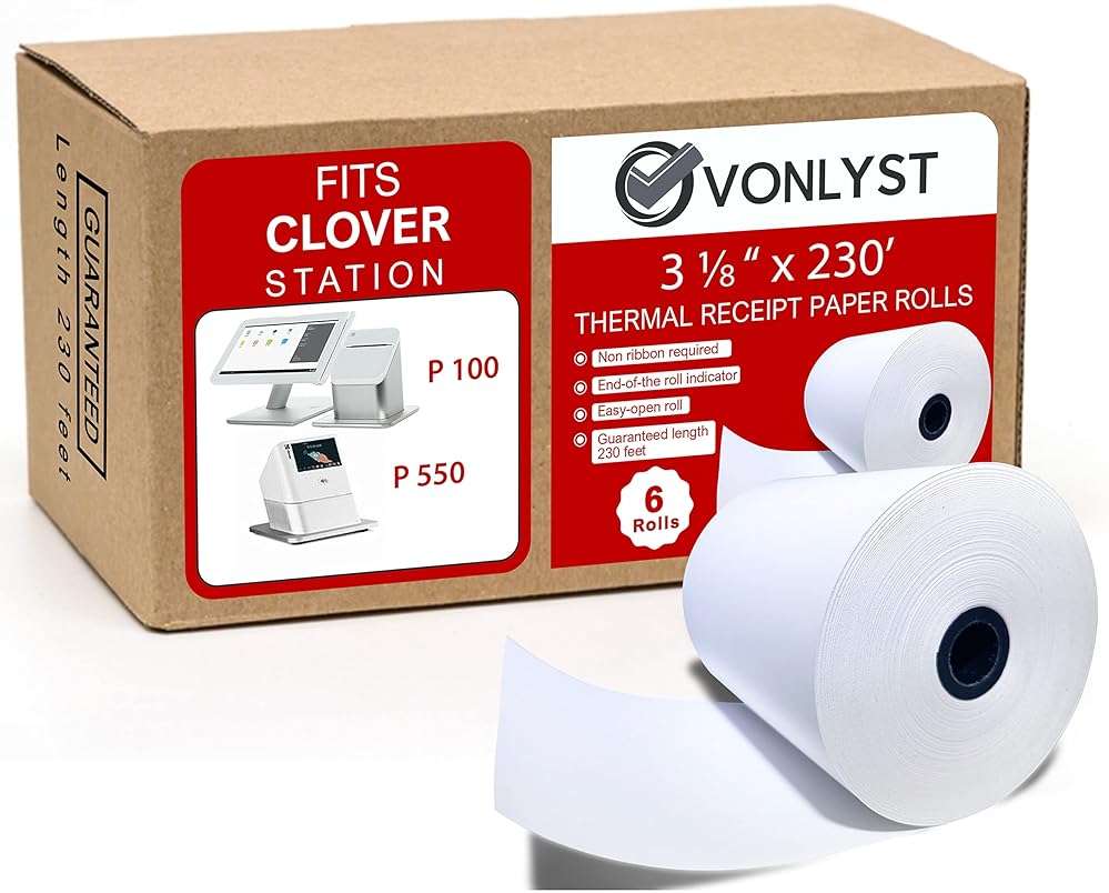 Vonlyst Clover Station Receipt Paper Rolls 3 1/8" x 230' (06 Pack) – Thermal Paper for Clover Station & Duo C505, Compatible P100 P500 P550 – BPA Free POS Printer Paper - Image 1