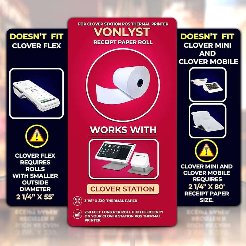 Vonlyst Clover Station Receipt Paper Rolls 3 1/8" x 230' (06 Pack) – Thermal Paper for Clover Station & Duo C505, Compatible P100 P500 P550 – BPA Free POS Printer Paper - Image 2