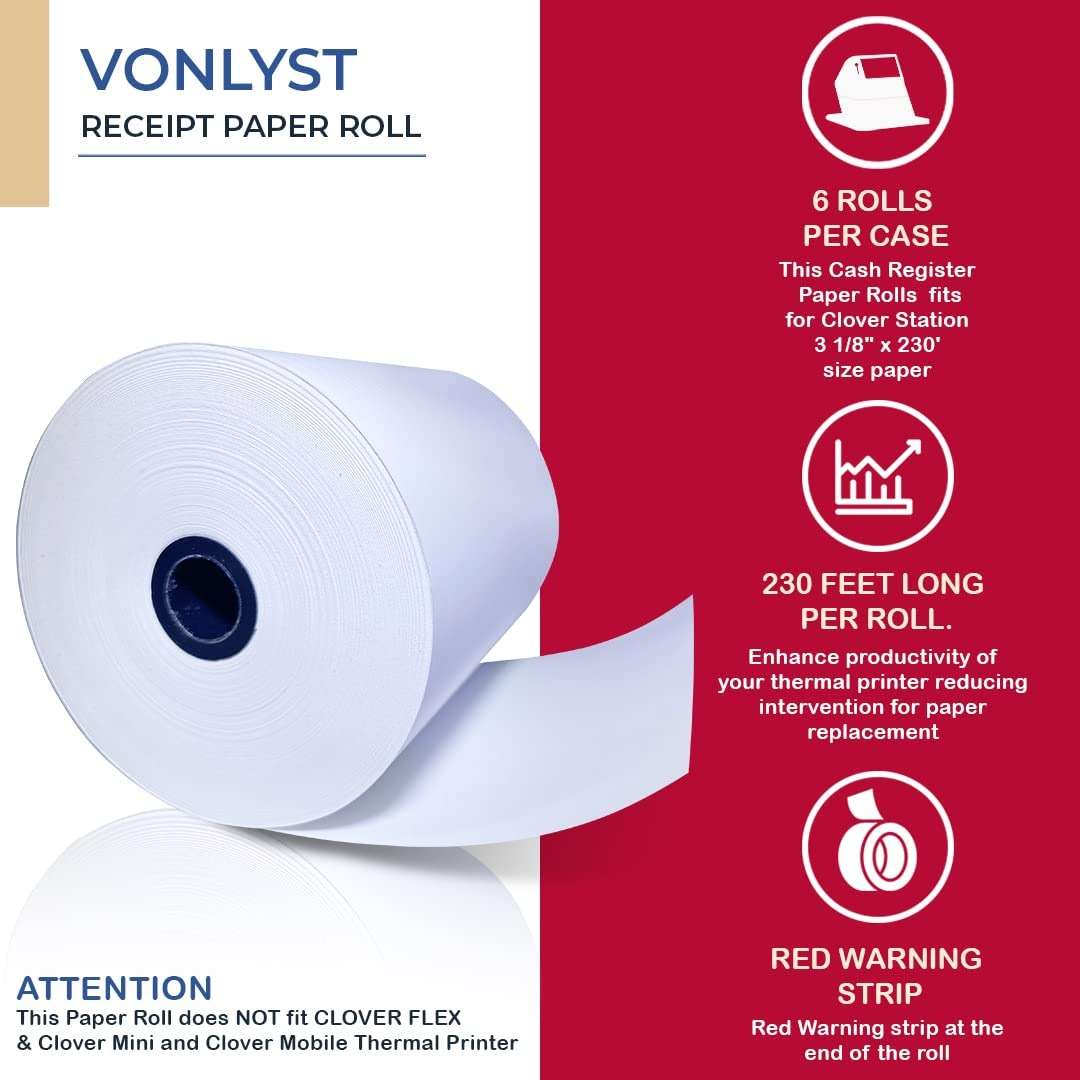 Vonlyst Clover Station Receipt Paper Rolls 3 1/8" x 230' (06 Pack) – Thermal Paper for Clover Station & Duo C505, Compatible P100 P500 P550 – BPA Free POS Printer Paper - Image 5