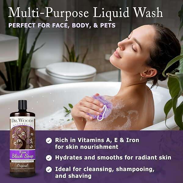 Dr. Woods Raw Liquid Black Soap with Pump - Body Wash for Men and Women, Gentle Exfoliant, Natural Cleanser for Face, Hands, and Body - 32 Fl Oz - Image 2