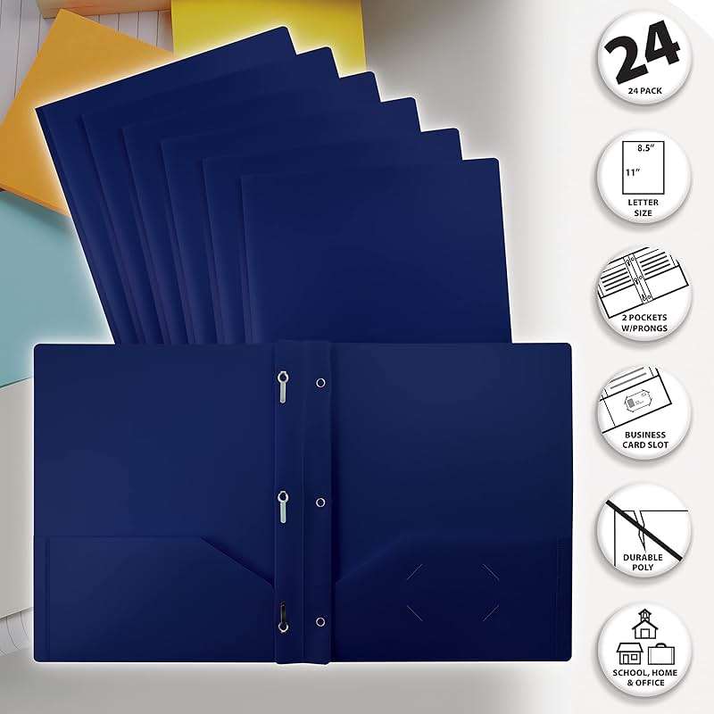 Better Office Products Navy Blue Folders with 3 Metal Prongs, Blue Plastic Folders with Pockets and Prongs, Heavyweight Letter Size Poly Folders, 24 Pack, Durable Plastic Pocket Folders with Prongs - Image 4
