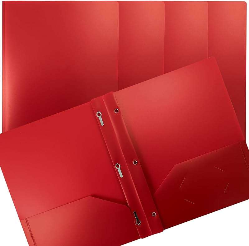 Better Office Products Red Plastic Folders with Pockets and Prongs, Letter Size, 24 Pack, Heavyweight Poly Prong Folders, Red Plastic with 3 Metal Fastener Clips - Image 1