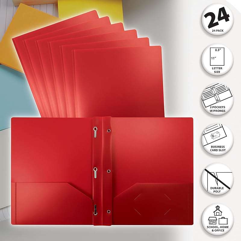 Better Office Products Red Plastic Folders with Pockets and Prongs, Letter Size, 24 Pack, Heavyweight Poly Prong Folders, Red Plastic with 3 Metal Fastener Clips - Image 3