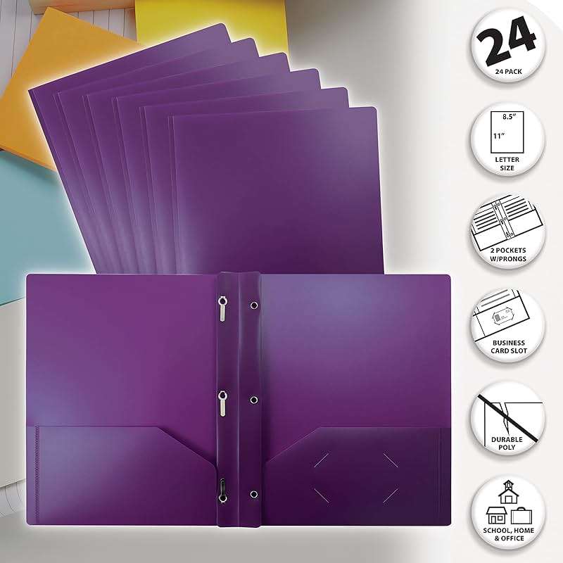 Better Office Products Purple Plastic 2 Pocket Folders with Prongs, Heavyweight, Letter Size Poly Folders, 24 Pack, with 3 Metal Prongs Fastener Clips, Purple - Image 3