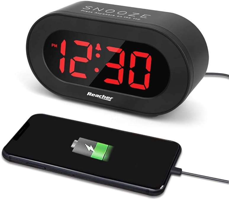 REACHER Small LED Digital Alarm Clock with Simple Operation, Full Range Brightness Dimmer, USB Phone Charger Port, Easy Snooze, Adjustable Alarm Volume, Outlet Powered for Bedrooms Bedside(Black) - Image 1