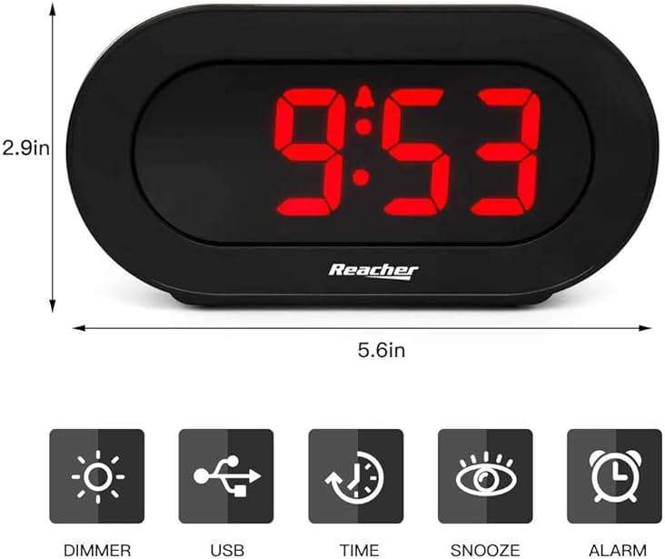 REACHER Small LED Digital Alarm Clock with Simple Operation, Full Range Brightness Dimmer, USB Phone Charger Port, Easy Snooze, Adjustable Alarm Volume, Outlet Powered for Bedrooms Bedside(Black) - Image 5