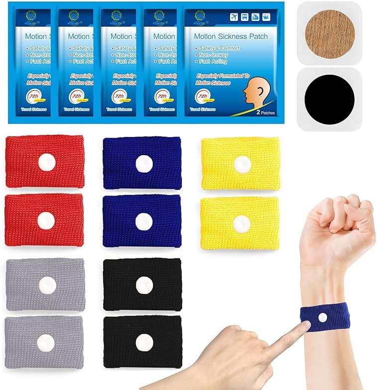 KONGDY 10 Pcs Sea Motion Sickness Wrist Bands & 10 Counts Motion Sickness Patches for Cruise, Morning Sickness, Travel & Car Sickness, No drowsy Anti-Nausea Bands - Image 1