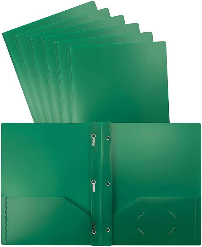 Better Office Products Green Plastic 2 Pocket Folders with Prongs, Heavyweight, Letter Size Poly Folders, 24 Pack, with 3 Metal Prongs Fastener Clips, Green - Image 1