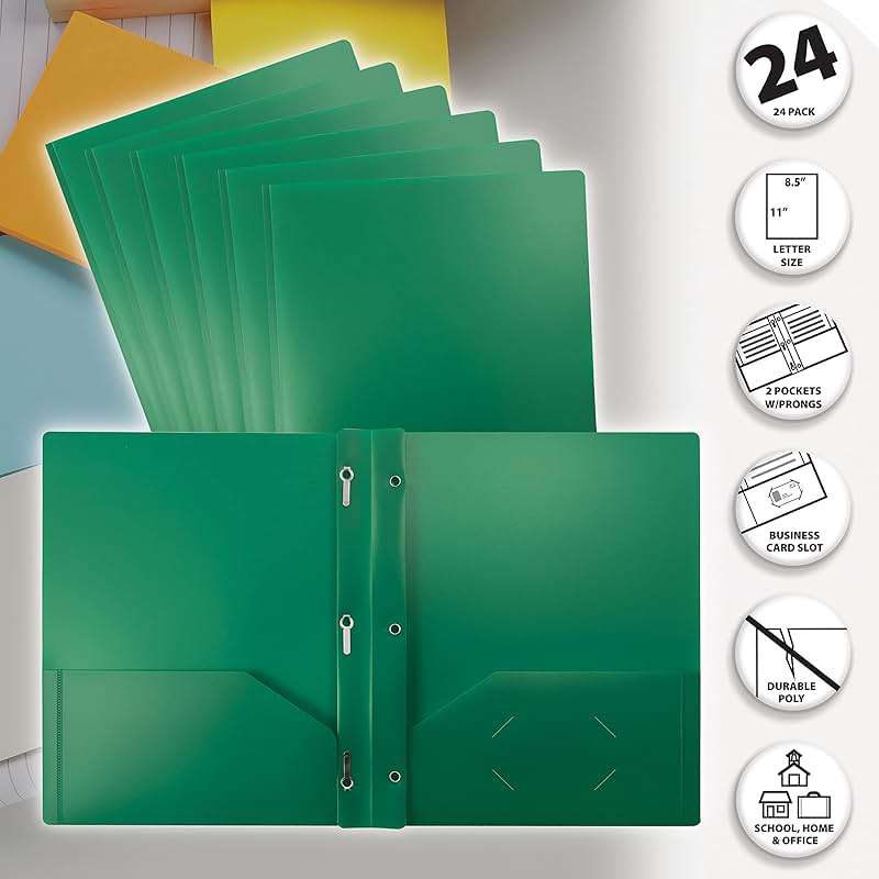 Better Office Products Green Plastic 2 Pocket Folders with Prongs, Heavyweight, Letter Size Poly Folders, 24 Pack, with 3 Metal Prongs Fastener Clips, Green - Image 3