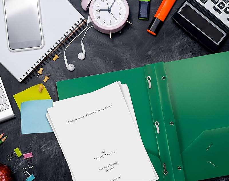Better Office Products Green Plastic 2 Pocket Folders with Prongs, Heavyweight, Letter Size Poly Folders, 24 Pack, with 3 Metal Prongs Fastener Clips, Green - Image 5