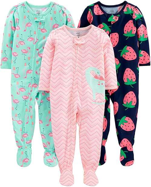 Simple Joys by Carter's Baby and Toddler Girls' 3 Pack Loose Fit Polyester Jersey Footed Pajamas - Image 1