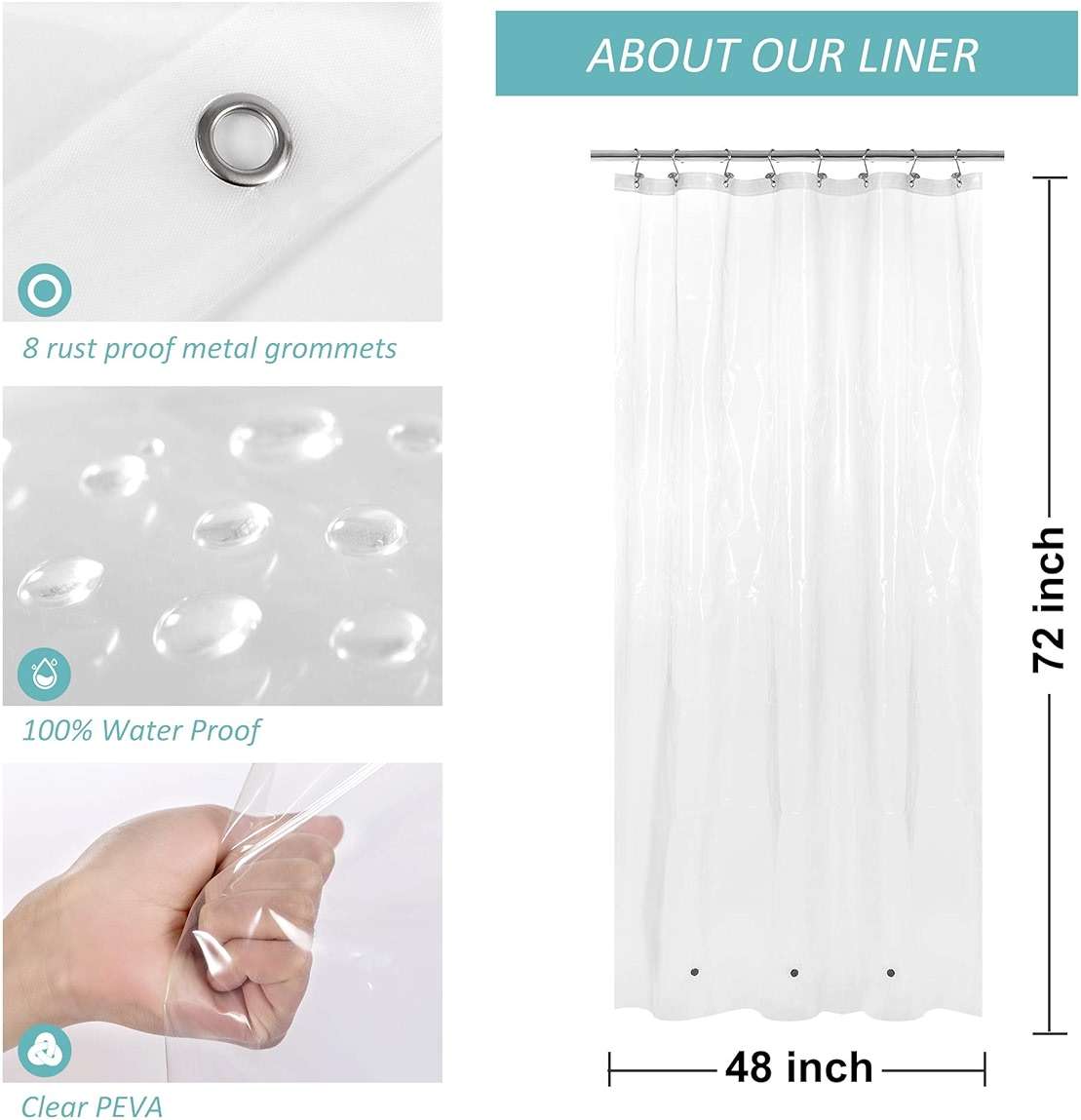 Mrs Awesome Stall Shower Curtain Liner with 3 Magnets 48 x 72 inch, PEVA 8G Thick & Heavy Duty Plastic Shower Curtain for Bathroom, Waterproof, 48x72, Clear - Image 3