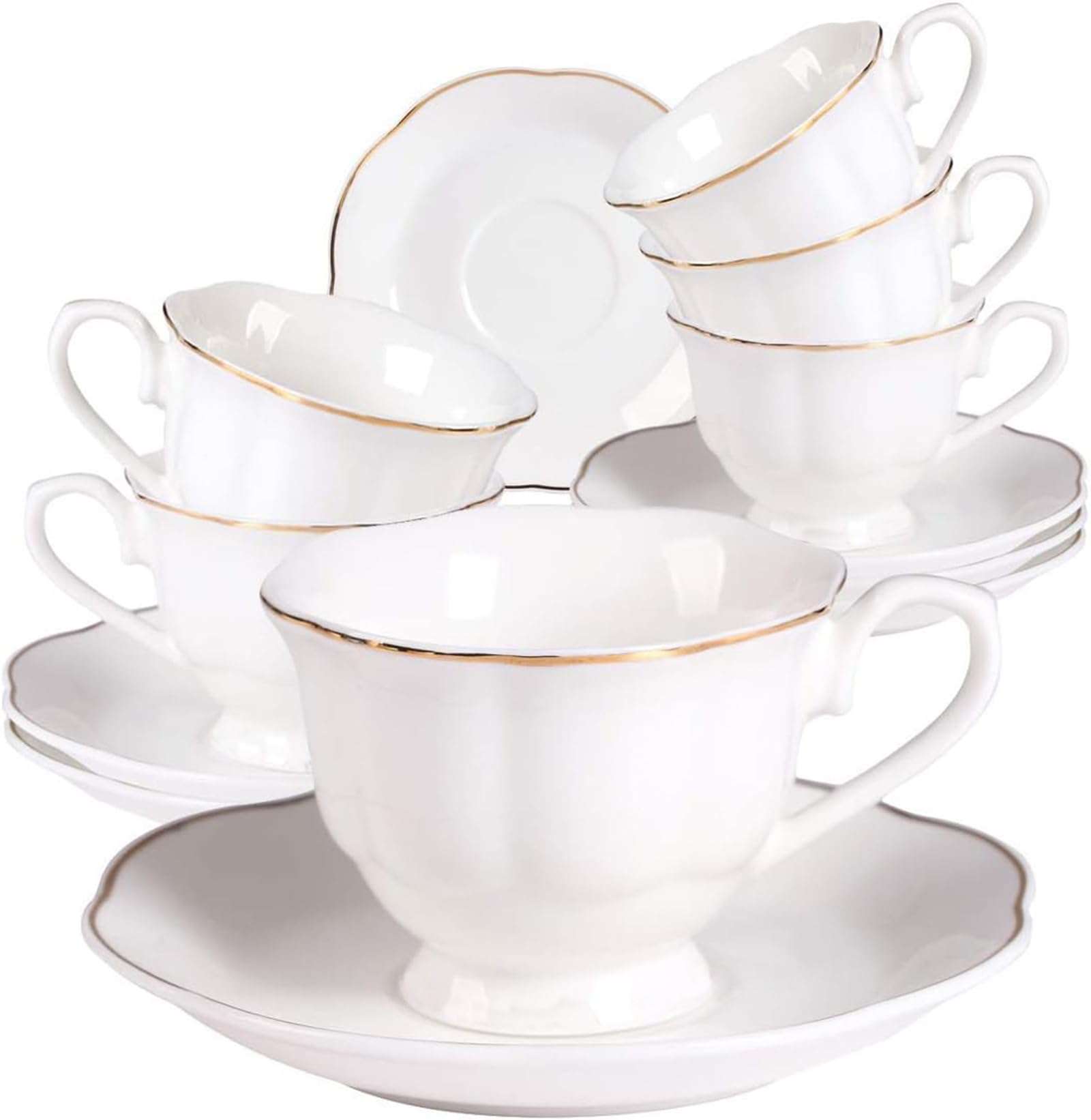 Guangyang 12 Pieces Tea Cup set Fine Porcelain 6oz Cup and Saucer set of 6 for Cappuccino Tea Flat White Coffee - Image 1