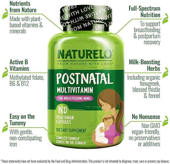 NATURELO Postnatal Multivitamin - Supplement for Breastfeeding Women - Plant-Based Vitamin D, Folate, Gentle Iron - for Nursing Mother, Baby - Post Natal Lactation Support 180 Capsules - Image 4