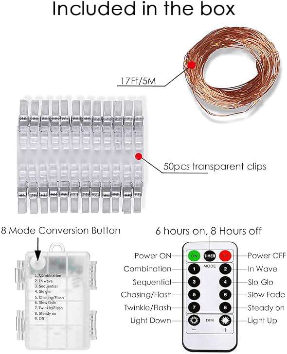 LECLSTAR 50 LED Photo Clips String Lights, 17ft with Remote - 8 Modes Fairy Lights to Clip on Pictures, Photos, Cards - Image 3