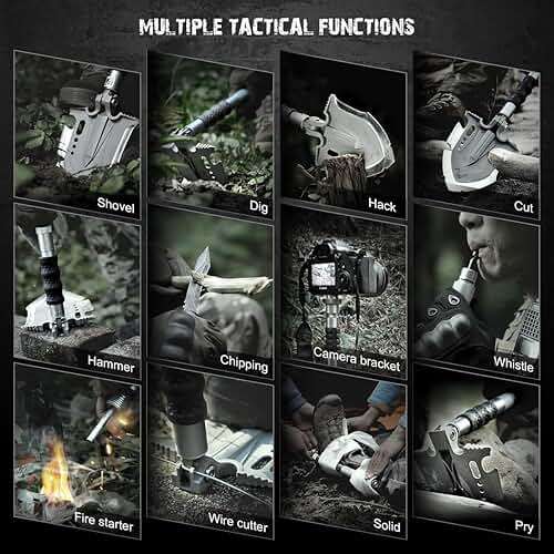 Zune Lotoo Survival Shovel Multitool 28 in 1 Luxury Kit, Tactical Camping Folding Shovel, Unbreakable Martensitic Steel Adjustable 7 Angles 24-35.4'' Length, Compact Gear for Outdoor Hiking Emergency - Image 8