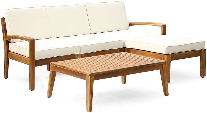 Christopher Knight Home Grenada Sectional Sofa Set | 5-Piece 3-Seater | Includes Coffee Table and Ottoman | Acacia Wood Frame | Water-Resistant Cushions | Teak and Beige, Finish - Image 1
