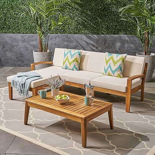 Christopher Knight Home Grenada Sectional Sofa Set | 5-Piece 3-Seater | Includes Coffee Table and Ottoman | Acacia Wood Frame | Water-Resistant Cushions | Teak and Beige, Finish - Image 2