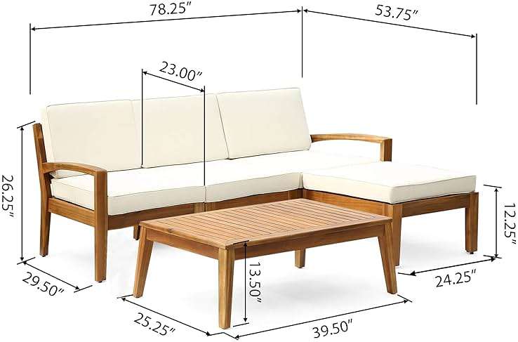 Christopher Knight Home Grenada Sectional Sofa Set | 5-Piece 3-Seater | Includes Coffee Table and Ottoman | Acacia Wood Frame | Water-Resistant Cushions | Teak and Beige, Finish - Image 3