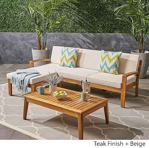 Christopher Knight Home Grenada Sectional Sofa Set | 5-Piece 3-Seater | Includes Coffee Table and Ottoman | Acacia Wood Frame | Water-Resistant Cushions | Teak and Beige, Finish - Image 4