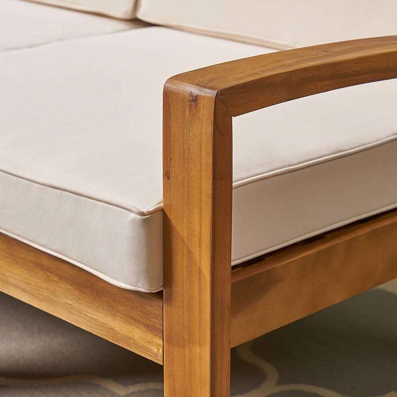 Christopher Knight Home Grenada Sectional Sofa Set | 5-Piece 3-Seater | Includes Coffee Table and Ottoman | Acacia Wood Frame | Water-Resistant Cushions | Teak and Beige, Finish - Image 6