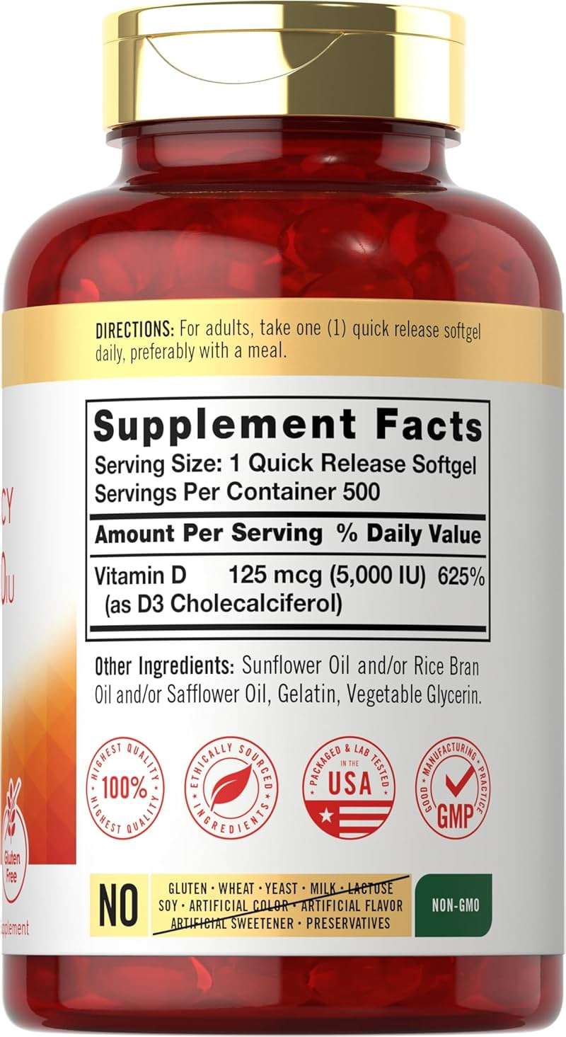 Carlyle Vitamin D3 5000 IU Softgels | 500 Count | Value Size | Non-GMO and Gluten Free Supplement | High Potency Formula | 125mcg - Image 2