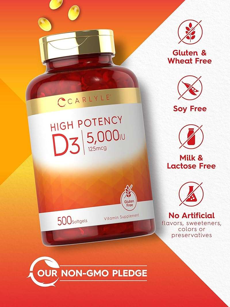 Carlyle Vitamin D3 5000 IU Softgels | 500 Count | Value Size | Non-GMO and Gluten Free Supplement | High Potency Formula | 125mcg - Image 4