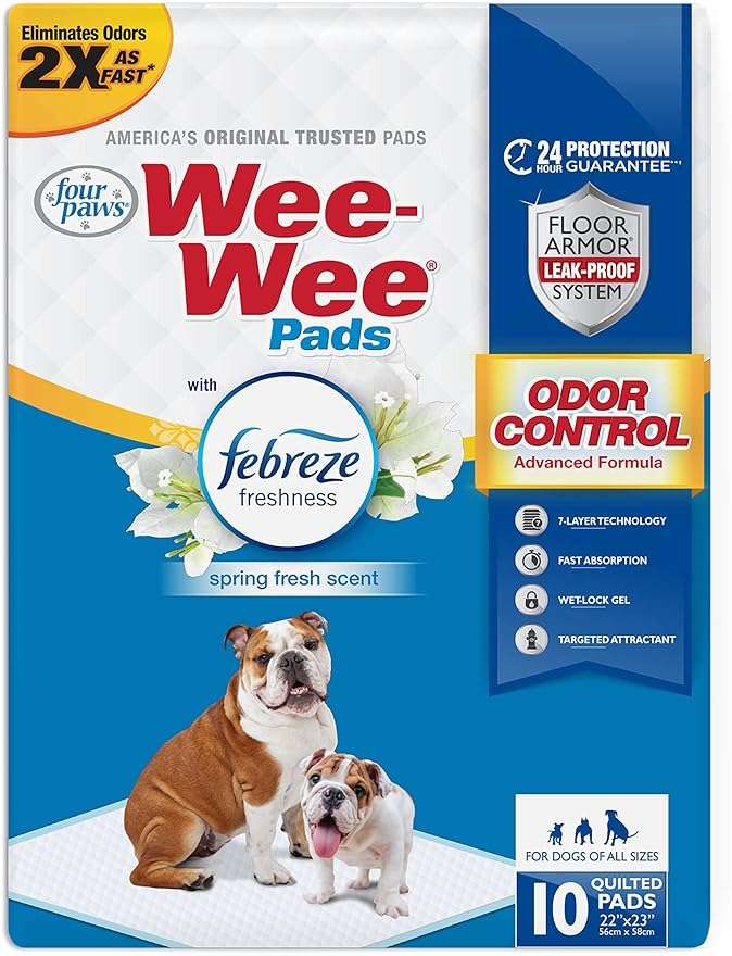 Four Paws Wee-Wee Odor Control with Febreze Freshness Pee Pads for Dogs & Puppies, Leak-Proof Dog Housebreaking Potty Training Floor Protection, Spring Fresh Scent, 22" x 23", 10 Count - Image 1