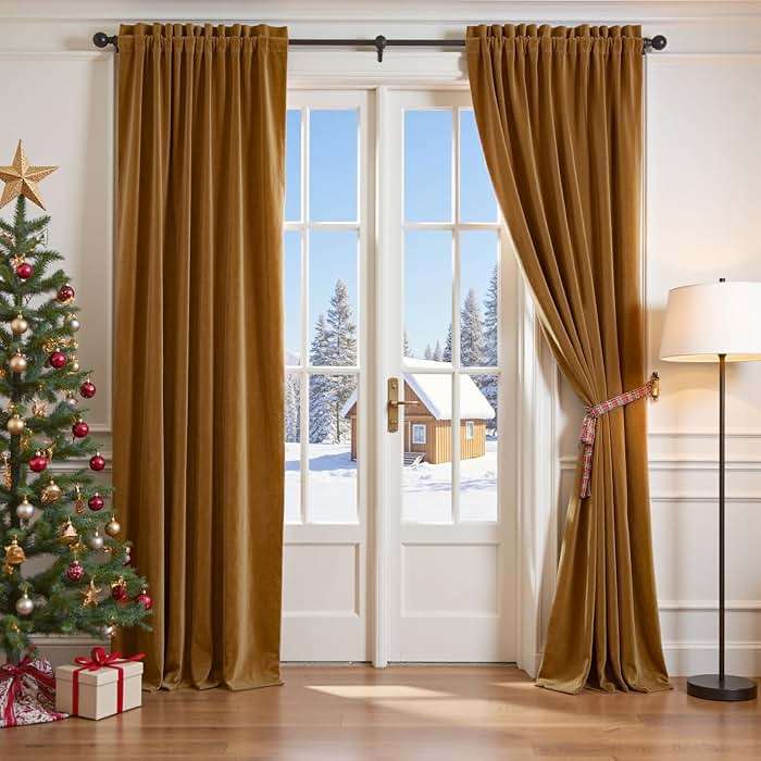 Lazzzy Velvet Blackout Extra Long Curtains Thermal Insulated Room Window Drapes Super Soft Luxury Curtains for Living Room Bedroom Rod Pocket 2 Panels, Gold Brown, 52" W x 108" L - Image 1