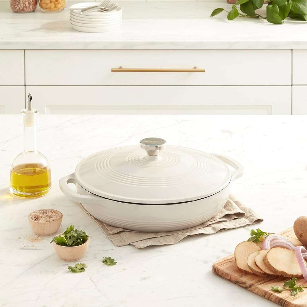 Lodge Essential Enamel Braiser - Refrigerator- & Oven-Safe up to 500° F - Heat-Retaining, Induction-Safe & PFAS-Free Enamel Cookware - 3.6 Quart, Oyster White - Image 2