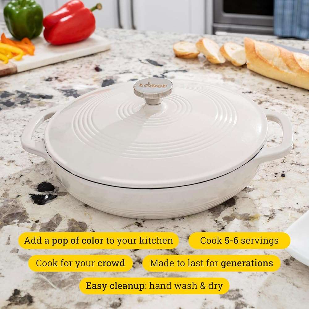 Lodge Essential Enamel Braiser - Refrigerator- & Oven-Safe up to 500° F - Heat-Retaining, Induction-Safe & PFAS-Free Enamel Cookware - 3.6 Quart, Oyster White - Image 4