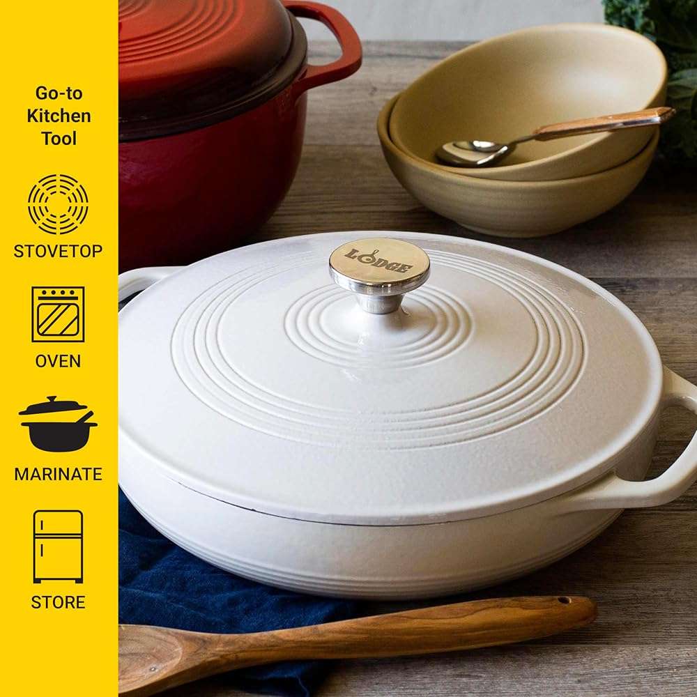 Lodge Essential Enamel Braiser - Refrigerator- & Oven-Safe up to 500° F - Heat-Retaining, Induction-Safe & PFAS-Free Enamel Cookware - 3.6 Quart, Oyster White - Image 5