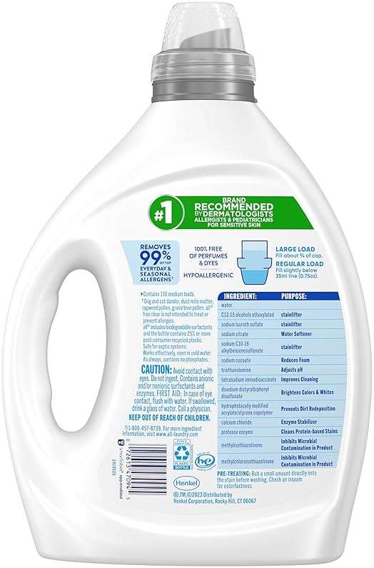 all free clear, Original, Liquid Laundry Detergent for Sensitive Skin, Unscented and Hypoallergenic, Concentrated, 82.5oz, 110 Loads - Image 2